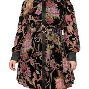 NWT FATE FLORAL BURN OUT VELVET BELTED SHIRT DRESS 100% POLYESTER 2X